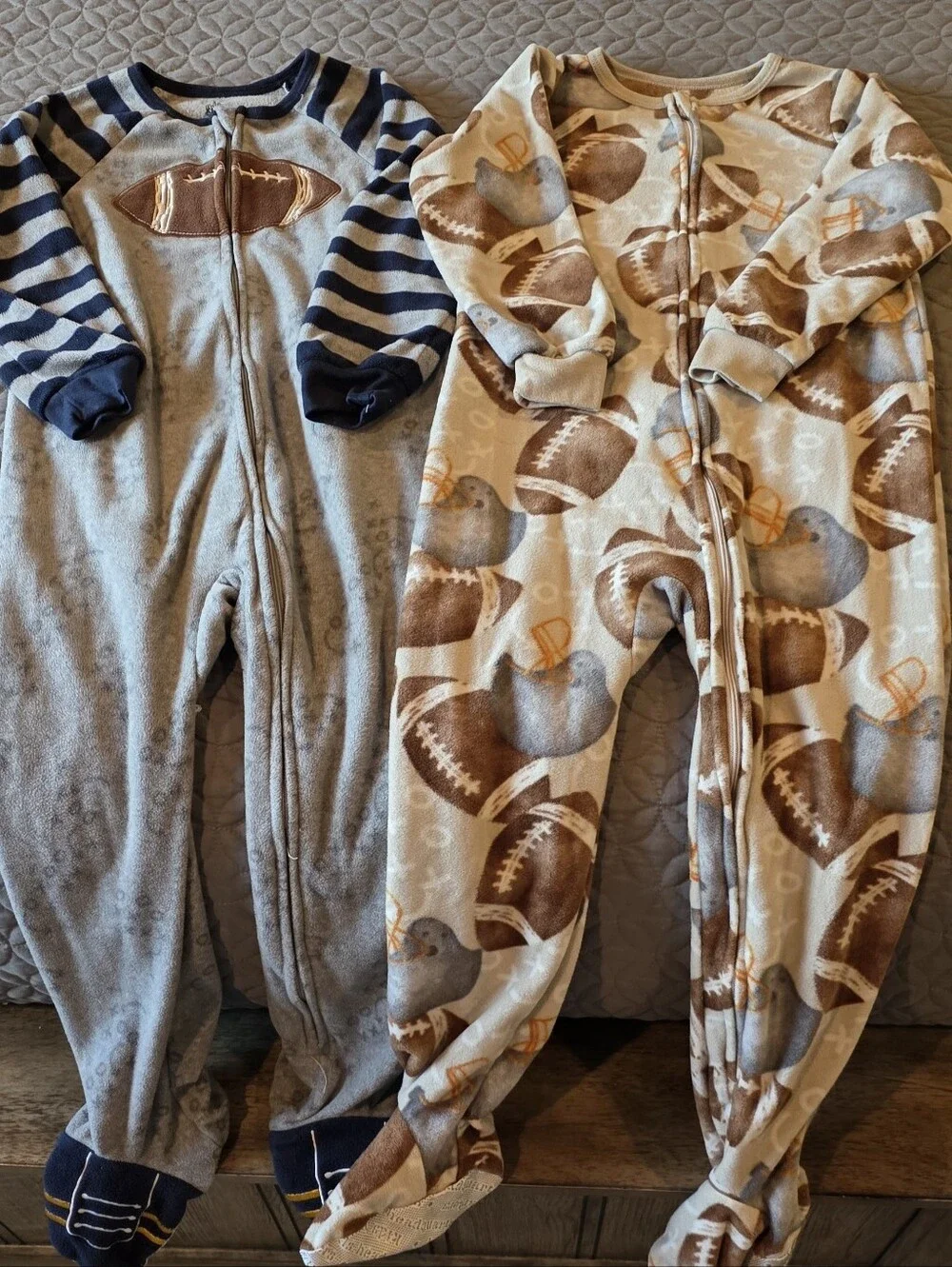 Toddler Football Themed Full Zip Up Footie Fleece Pajamas, 5T, Blue, Gray, Brown